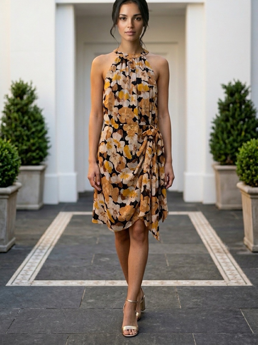 Melonie Halter Dress in Black with Mustard Floral